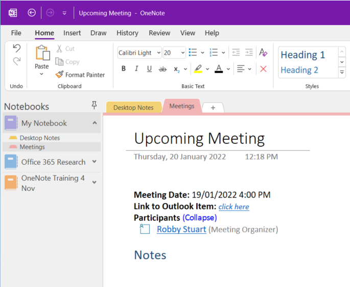 Prepare for an Outlook Meeting via OneNote