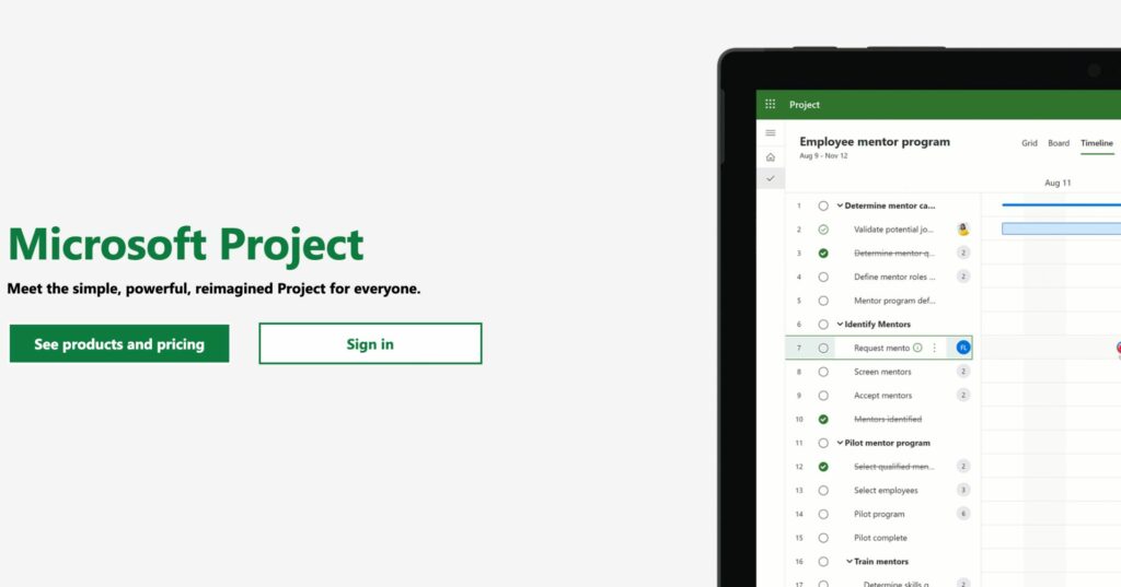 Microsoft project landing page