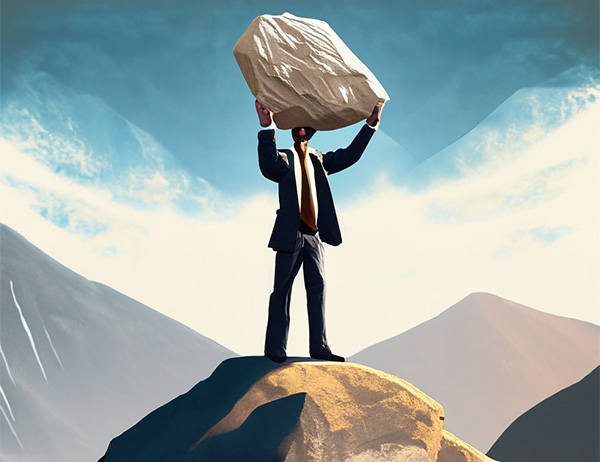 Business man holding up a rock on a mountain top