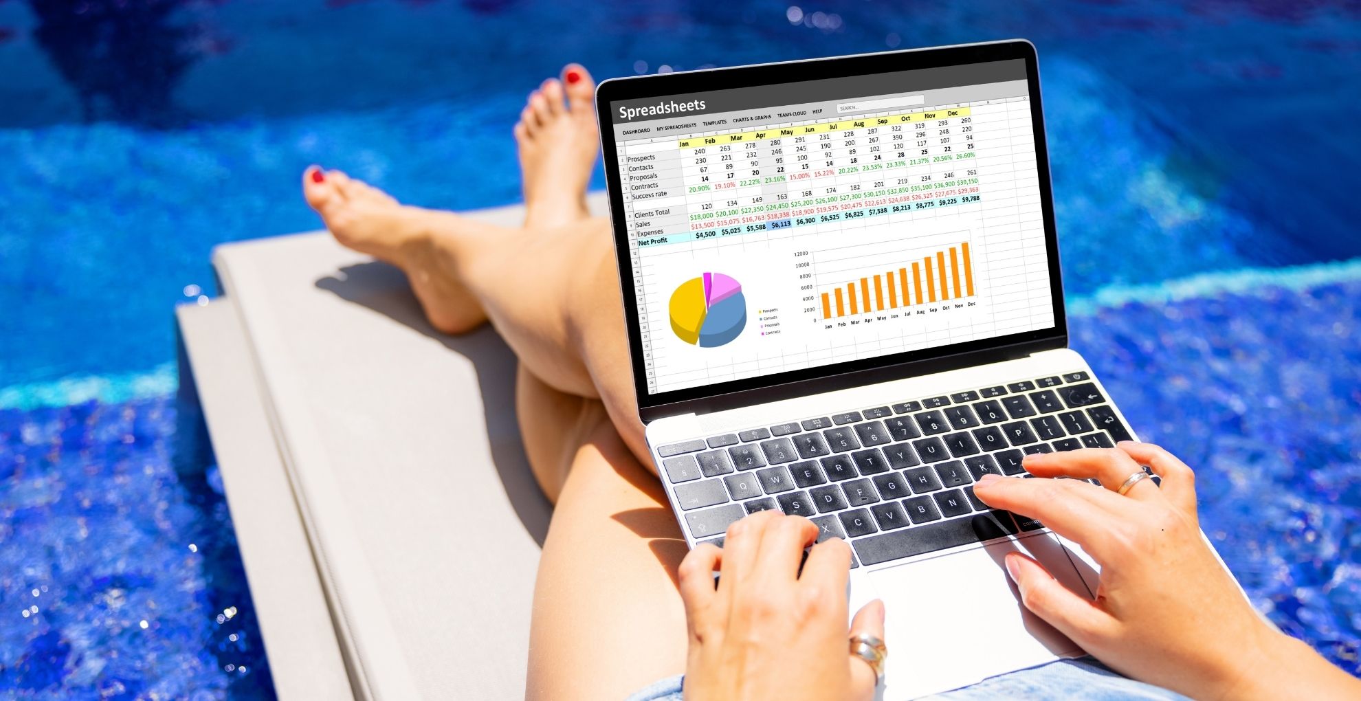 working on spreadsheets by the pool